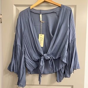 Elan Blue bell sleeve front tie shirt